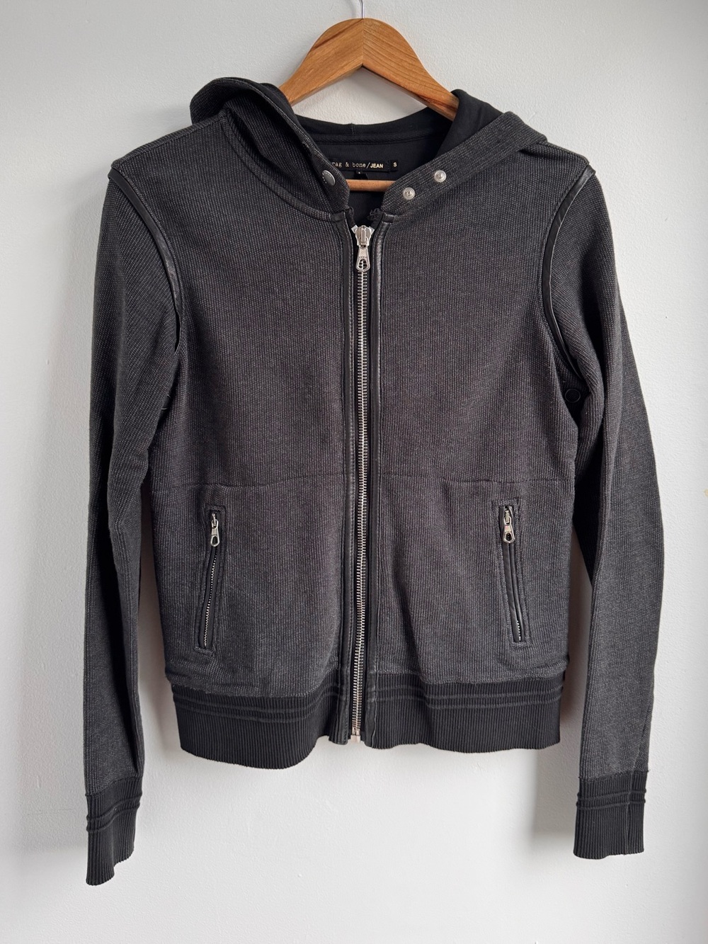 rag & bone Women's Heavyweight Hoodie with Leather Trim Size Small‎